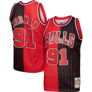 Dennis Rodman Chicago Bulls Mitchell &amp; Ness Hardwood Classics 1995-96 Split Swingman Jersey For NBA Basketball Fans